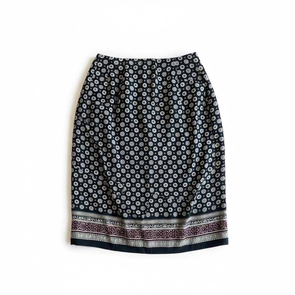 Vintage Talbots Silk Blend Pencil Skirt - Scarf Medallion Print - Black/Cream 6